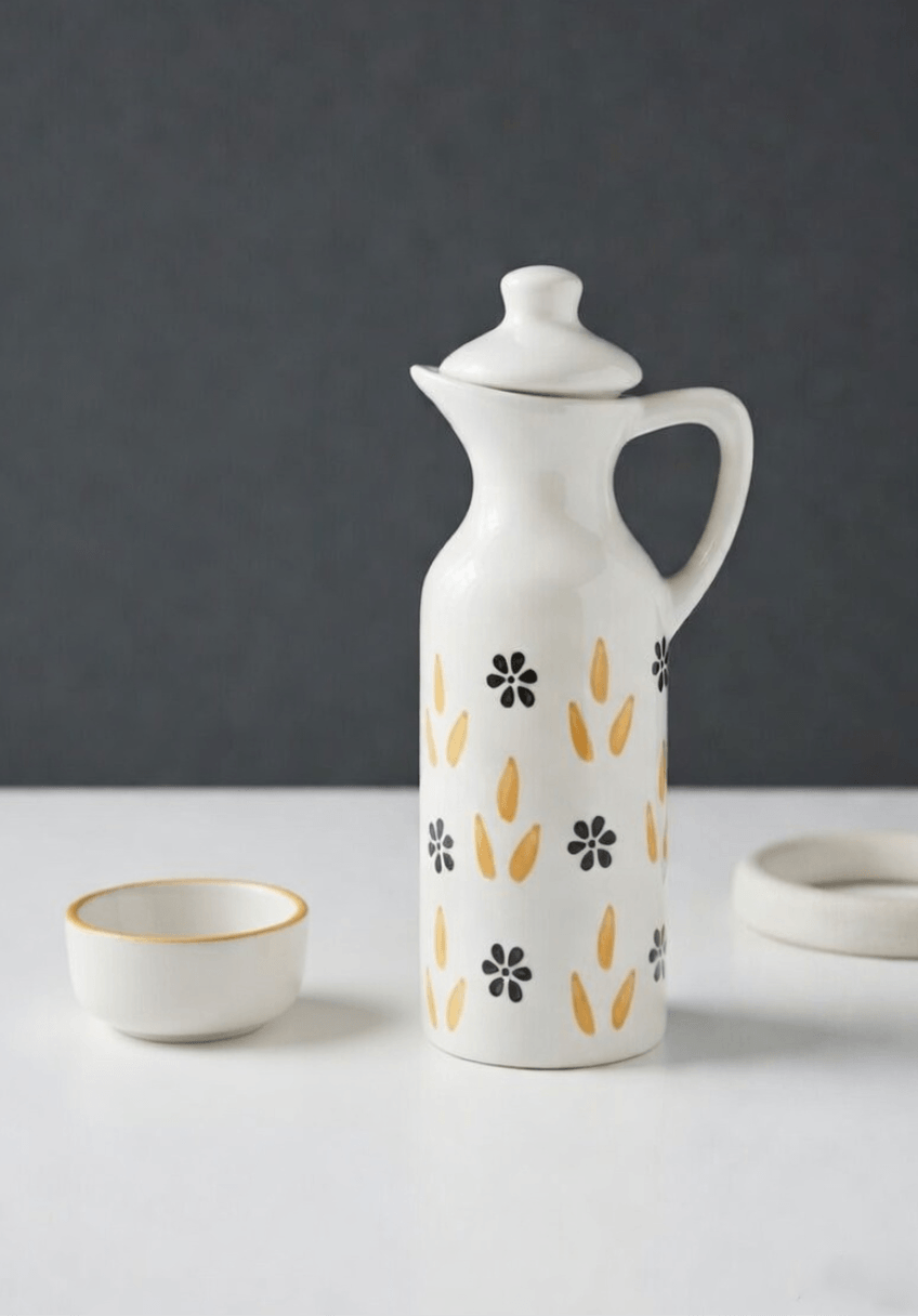Hand-Painted Floral Oil Dispenser - Yellow White - Set of 2