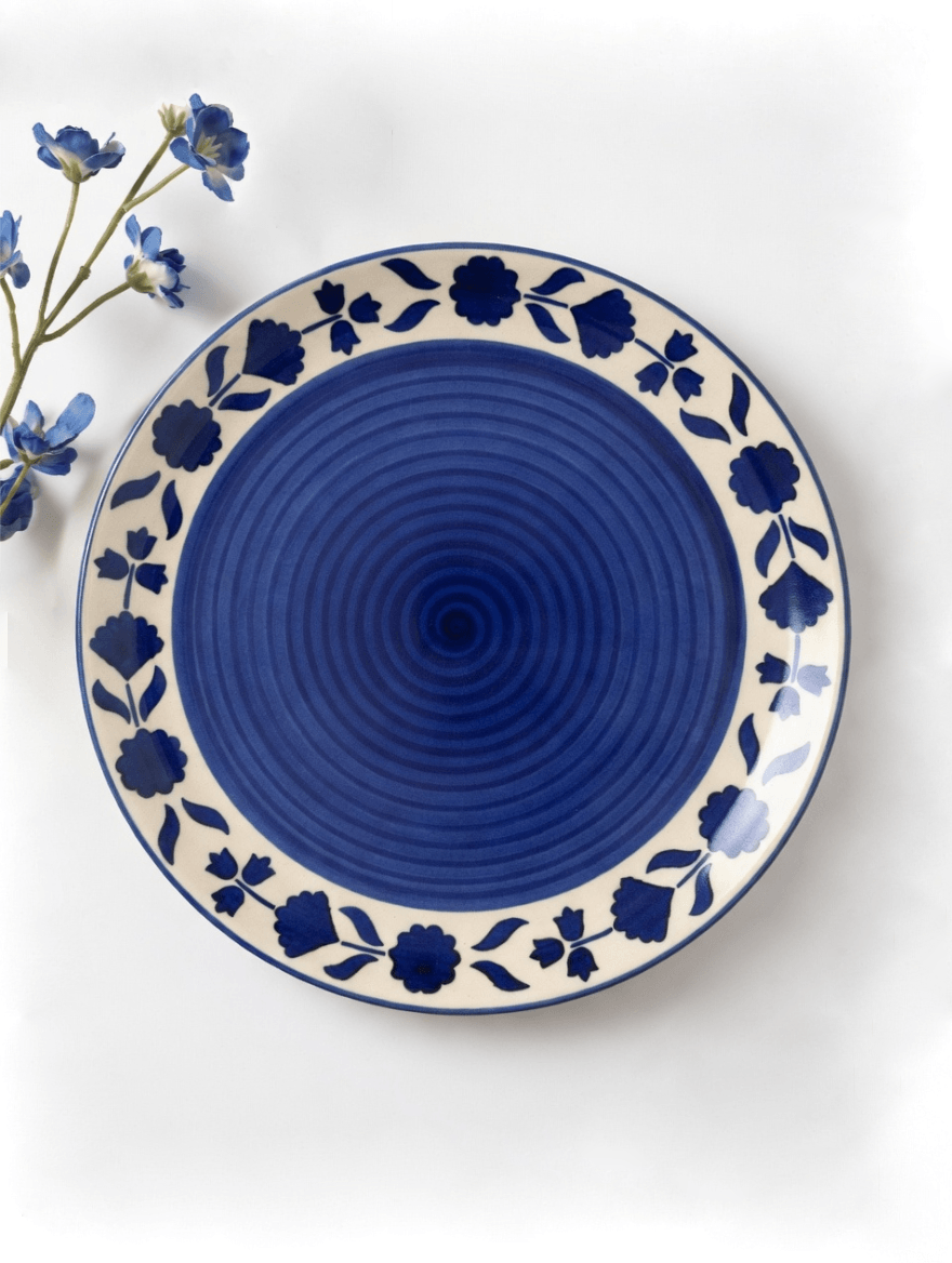 Spiral and Floral Design Dinner Plate - Blue