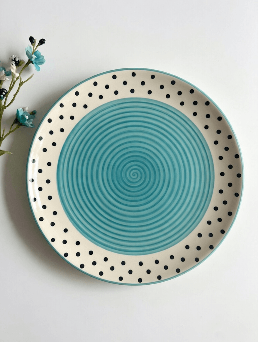 Spiral and Polka Design Dinner Plate - Cyan