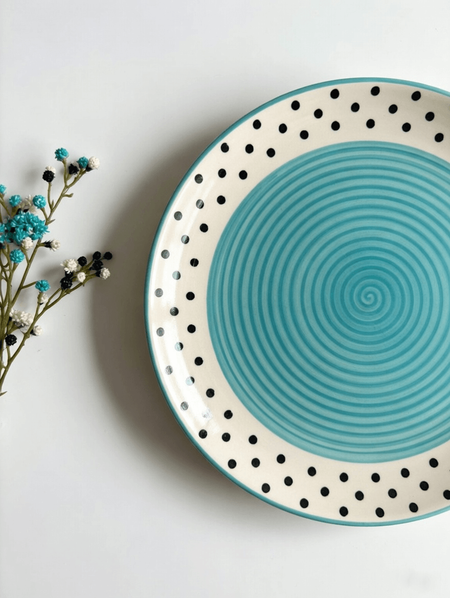 Spiral and Polka Design Dinner Plate - Cyan - Half