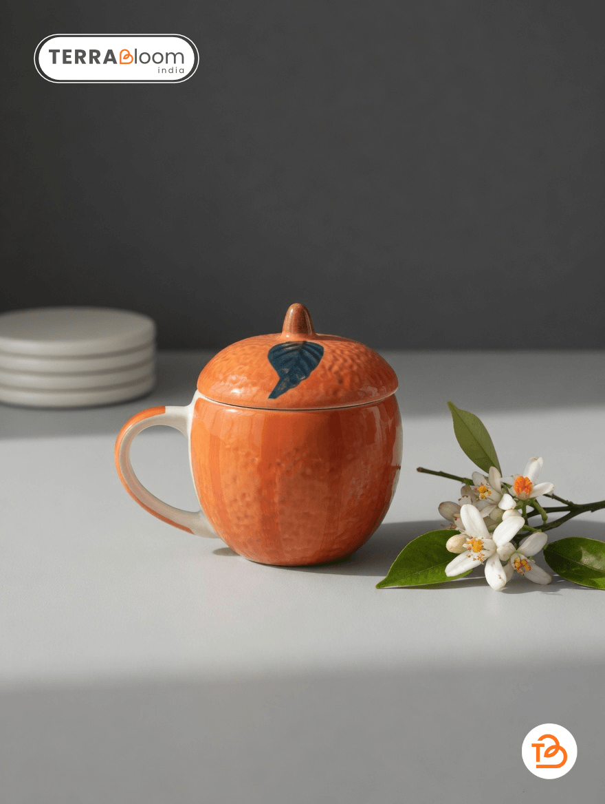 Terra Bloom India Handcrafted Orange Ceramic Coffee Mug with Lid – 3D Fruit Shaped Artisan Tea & Coffee - Cup Set of 2