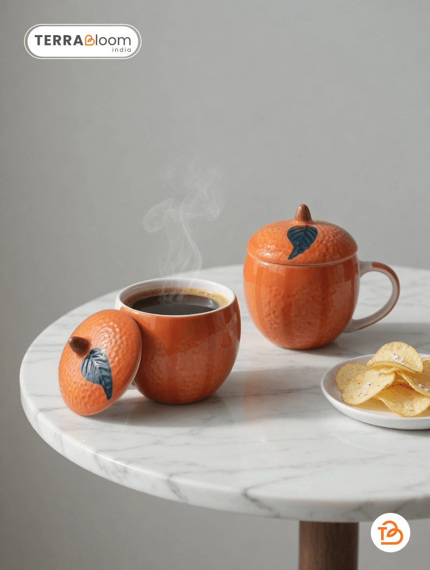 Terra Bloom India Handcrafted Orange Ceramic Coffee Mug with Lid – 3D Fruit Shaped Artisan Tea & Coffee - Cup Set of 2